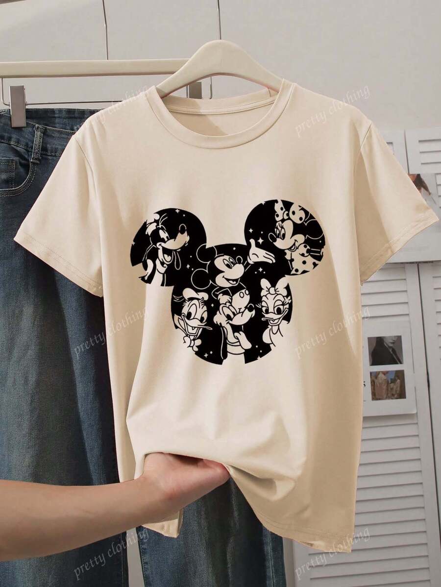 Disney Women's New Round Neck Short Sleeved Plus Size Summer, Casual Style Anime Patterns Printed Plus Size Round Neck T-Shirt, Sweet And Gentle Temperament, Slim And Comfortable Summer Tops, Suitable For Daily Casual Wear, Graphic Tees Women, Khaki Colored Top, Summer Outfits For Women