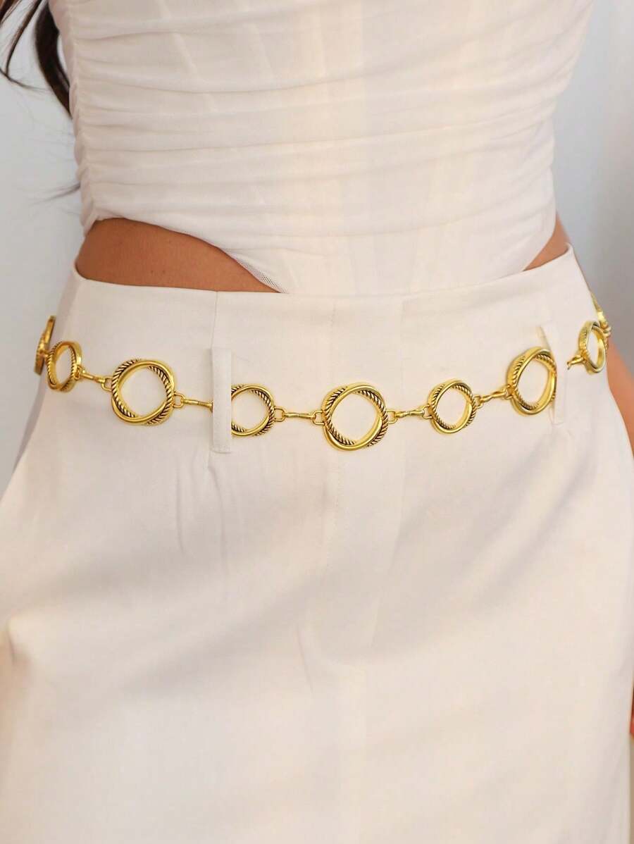 1pc Women's Retro Geometric Circle Waist Chain Single Layer Metal Body Chain, Western Style