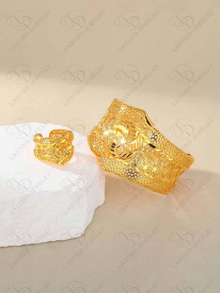 Bracelet ouvert réglable plaqué or 24 carats style Dubai élégant, bague à motif floral symétrique, bracelet de mode, accessoires de mariage de luxe pour mariée