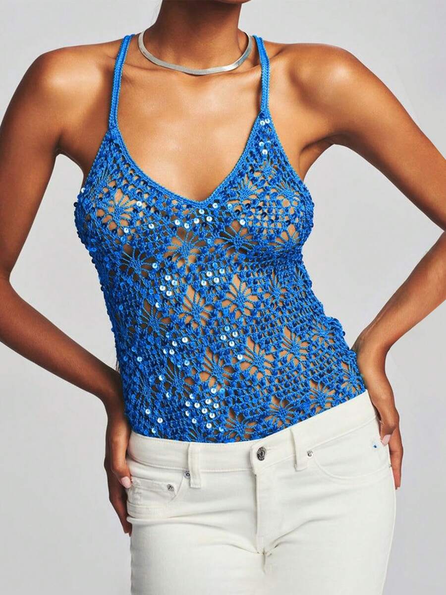 Summer Outfits For Women Sequin Knit Tank Tops For Women Summer Slim Fit Deep V Neck Hollow Out Sleeveless Spaghetti Strap Vest