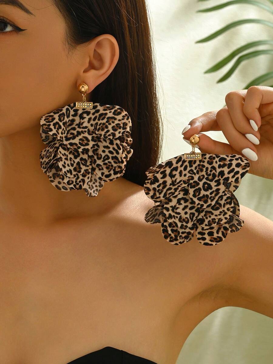 1 Par de Brincos com Flores de Tecido Multicamadas/ Estampa Selvagem de Leopardo e Zebra/ Praia de Férias Casual/ Declaração Elegante de Camadas/ Minimalista Decorado com Turquesa/ Presente para Mulheres