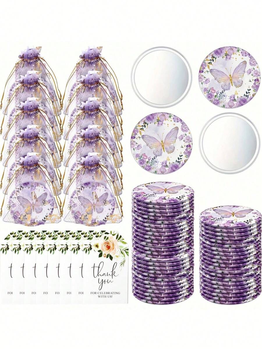 Set de regalo de espejos con diseño de mariposa, incluye 10 espejos con estampado de mariposa, 10 bolsas de organza, 10 tarjetas de agradecimiento con diseño floral. Ideal como recuerdo para bodas, despedidas de soltera, fiestas de cumpleaños y fiestas con temática de mariposas. Disponible en 3/15/30 piezas
