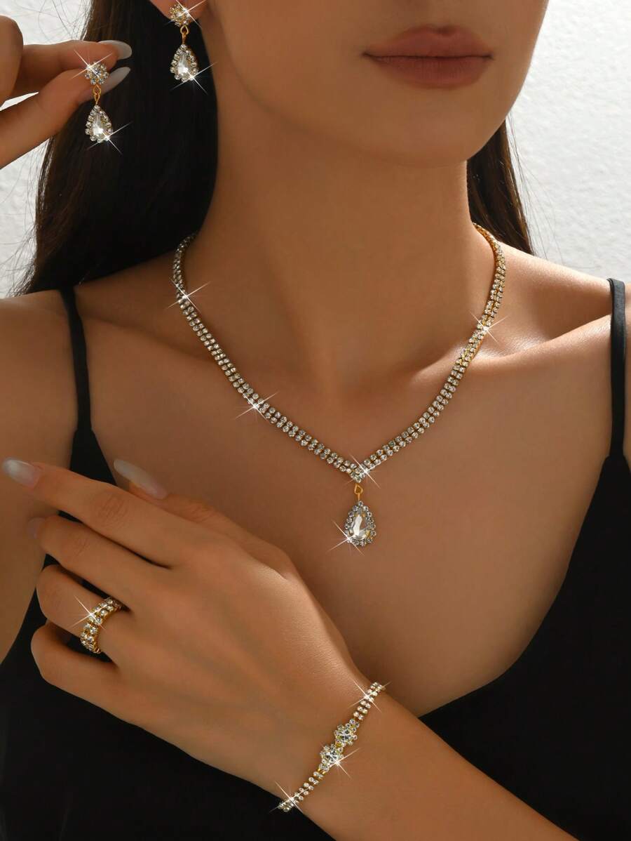 5 pièces/set Collier de mariée, boucles d'oreilles, bracelet, bague Ensemble de bijoux floraux, accessoires élégants de style de rue pour femmes, cadeau