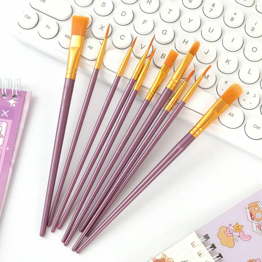 10pcs Vibrant Nylon Hair Paint Brush Set, Plastic Handle Oil/Acrylic/Watercolor/Gouache Painting Brushes, Multi-Color Creative Art Supplies, Suitable For Students, Painting