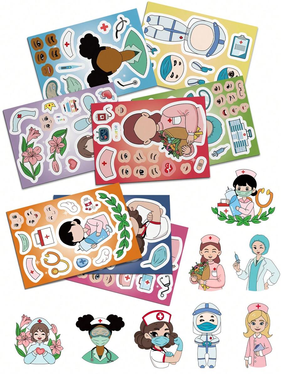8 Sheets Funny Doctor Nurse Stickers Make Your Own Character Face Puzzle Toy Party Game Medical Decals For Laptops And Water Bottles Nurse Accessories For Work Back To School Student Rewards Supply