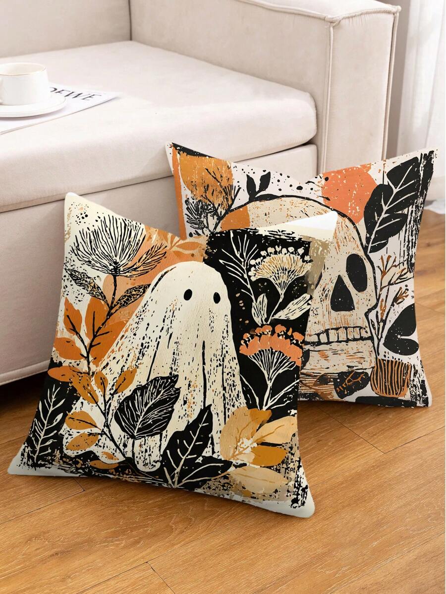 1 pieza Funda de cojín de otoño, estampado bohemio de calabaza fantasma y mapache, tela de poliéster con cremallera, estampado de una sola cara, sin inserto de cojín, decoración del hogar de otoño y Halloween, adecuado para el estilo rústico, patio exterior, sofá, cama, artículos para fiestas