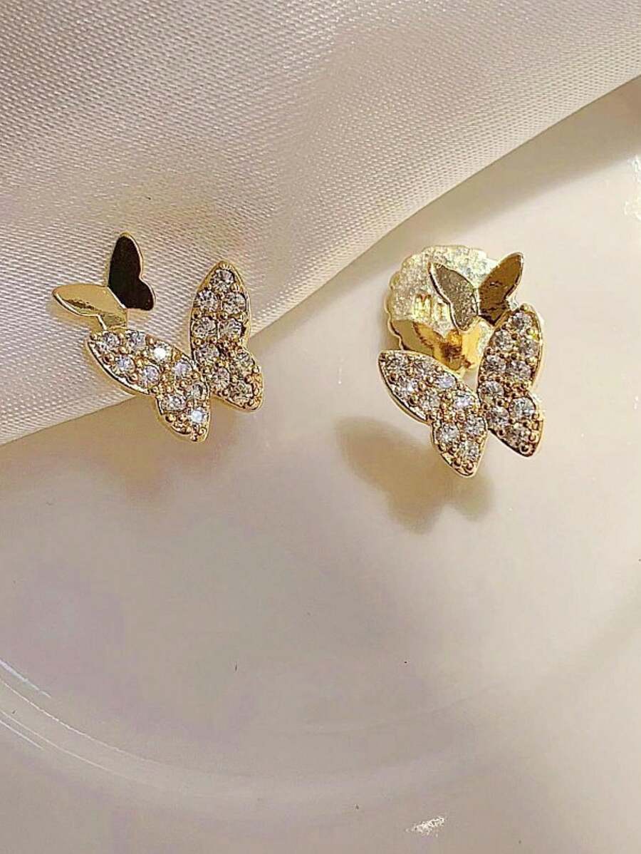 1 Pair Minimalist Small Rhinestone Butterfly Stud Earrings, Delicate Design Versatile Everyday Wear For Women
