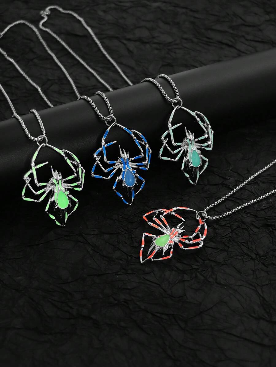 4pcs/Set Fashionable Men Hip Hop Glow-In-The-Dark Metal Bug Pendant Necklace Set, Creative 3D Luminous Spider Jewelry