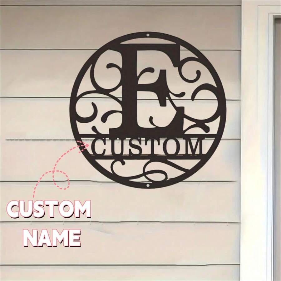 1PC Personalized Round Metal Monogram Wall Art, Custom Alphabet Plaque With Rustic Farmhouse Style, Iron Construction 26 Letters Welcome Sign, Easy Hanging Ornament For Couple Lovers Family Home Office Living Room Garden Decor, 2D Flat Housewarming Valentine's Day Gift,School Supplies,Back To School