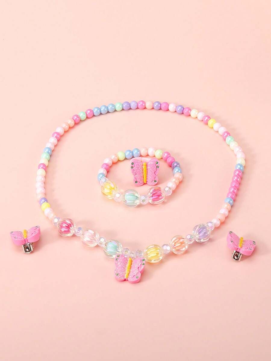Juego de 5 piezas de collar, pulsera, anillo y aretes con charms de mariposa lindos, adecuado para que las niñas lo usen a diario durante todo el año