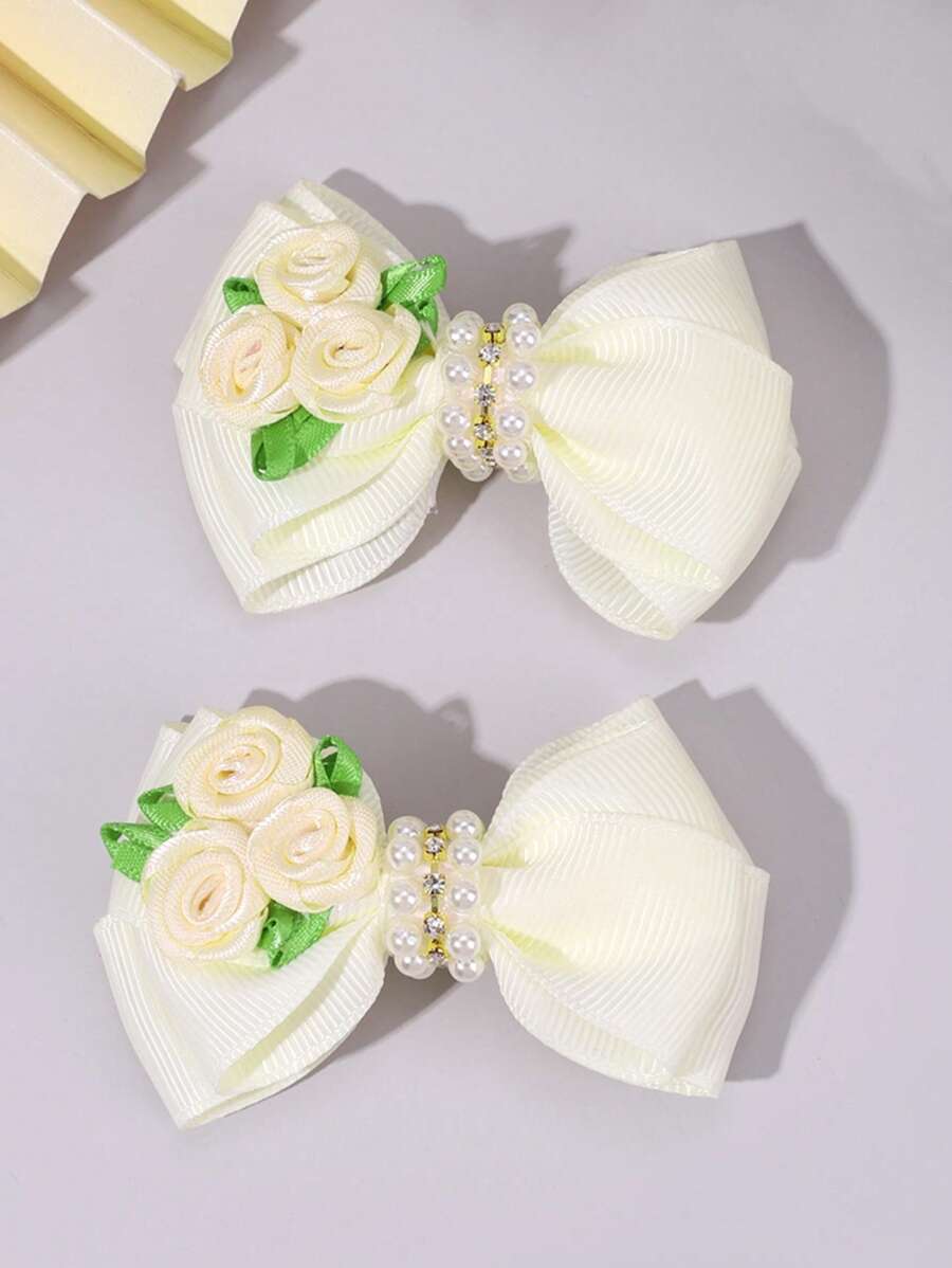 2pcs Beige Flowers Bow Hair Clips,Fabric Faux Pearl Bow Hairpins,Fashion Hair Accessories For Girls Teens Party Gifts