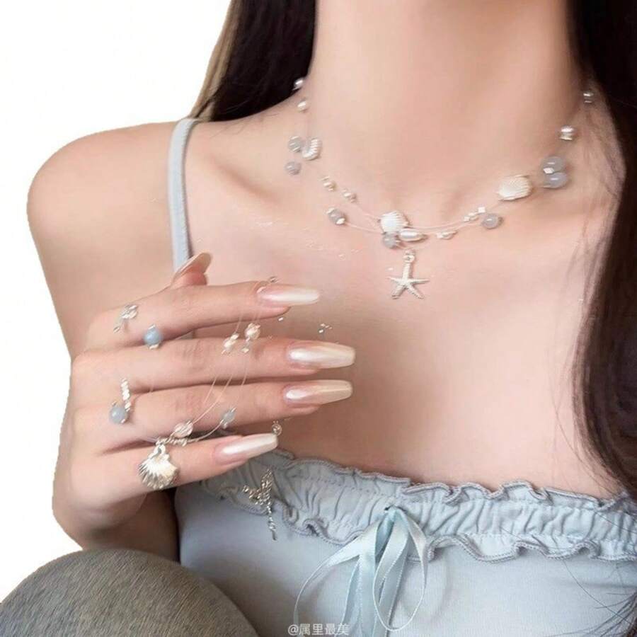 1pc Starfish & Shell Pearl Necklace, Layered Collarbone Chain Delicate Beach Style Accessories For Women