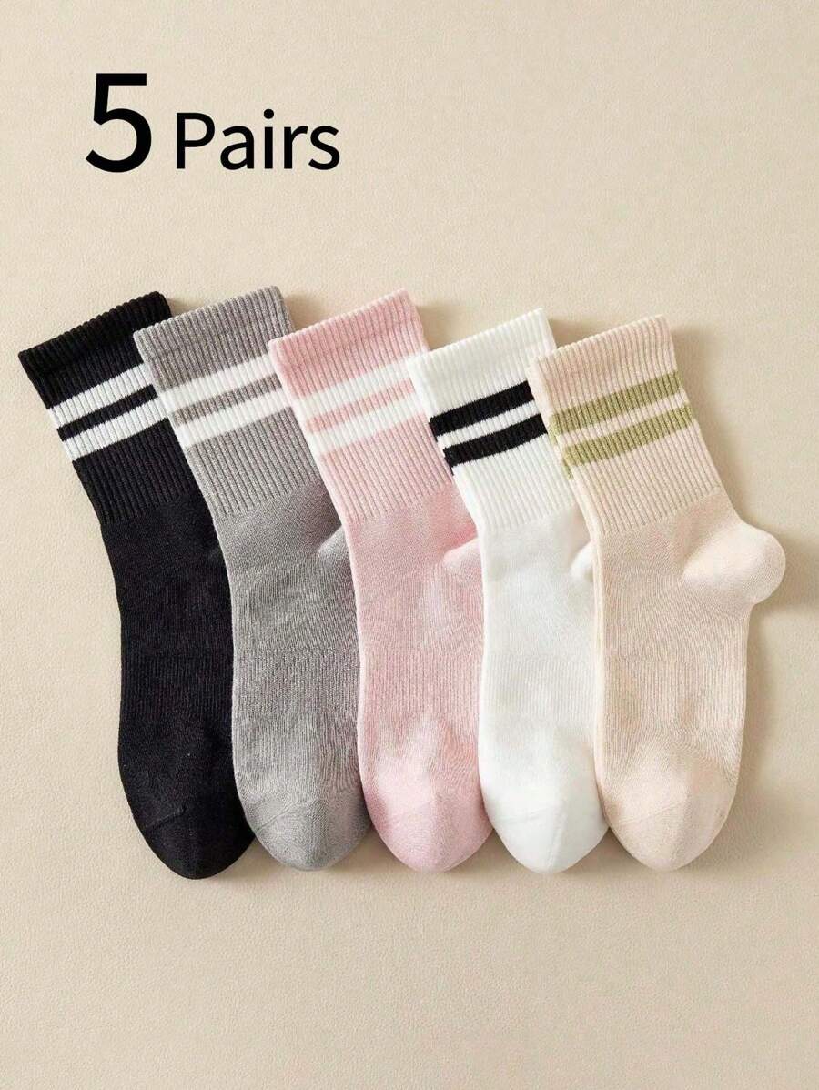 10 piezas/5 piezas Calcetines largos de dos rayas y bloques de color para niños y adolescentes, estilo coreano de primavera y otoño, que absorben la humedad y transpirables
