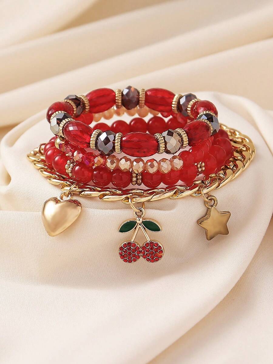 Conjunto de 4 pulseiras com pingente de coração de cereja e contas de vidro geométricas Boho, corrente CCB, adequadas para mulheres, uso diário, casual, boate, viagem