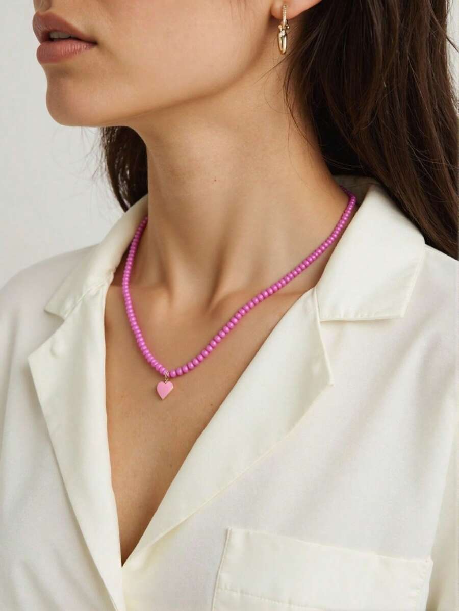 1 colar casual de contas em forma de coração, adequado para uso diário feminino