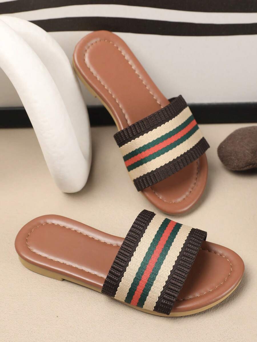 1 Pair Children Summer Woven Striped Open Toe Casual Sandals, Fashionable Flat Beach Shoes For Boys And Girls, Suitable For Daily Wear, Holiday And Travel