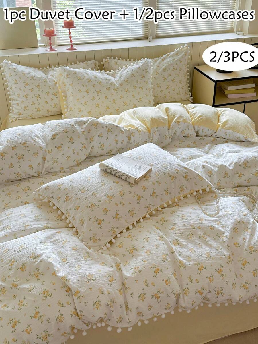 2/3 Stücke Bettbezug-Set mit gelbem Blumenmuster, aus Polyester mit Bommel-Quasten, niedliches Cottagecore-Bettwäsche-Set für Frühling, Sommer und alle Jahreszeiten, weich und atmungsaktiv, maschinenwaschbar (1 Bettbezug + 1/2 Kissenbezüge)