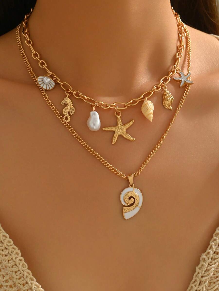2 Peças/Conjunto Estilo de Férias na Praia de Verão, Colar Pingente de Pérola Falsa de Animal Marinho, Camada Dupla para Uso Diário, Férias, Viagens e Festas, Joias Femininas