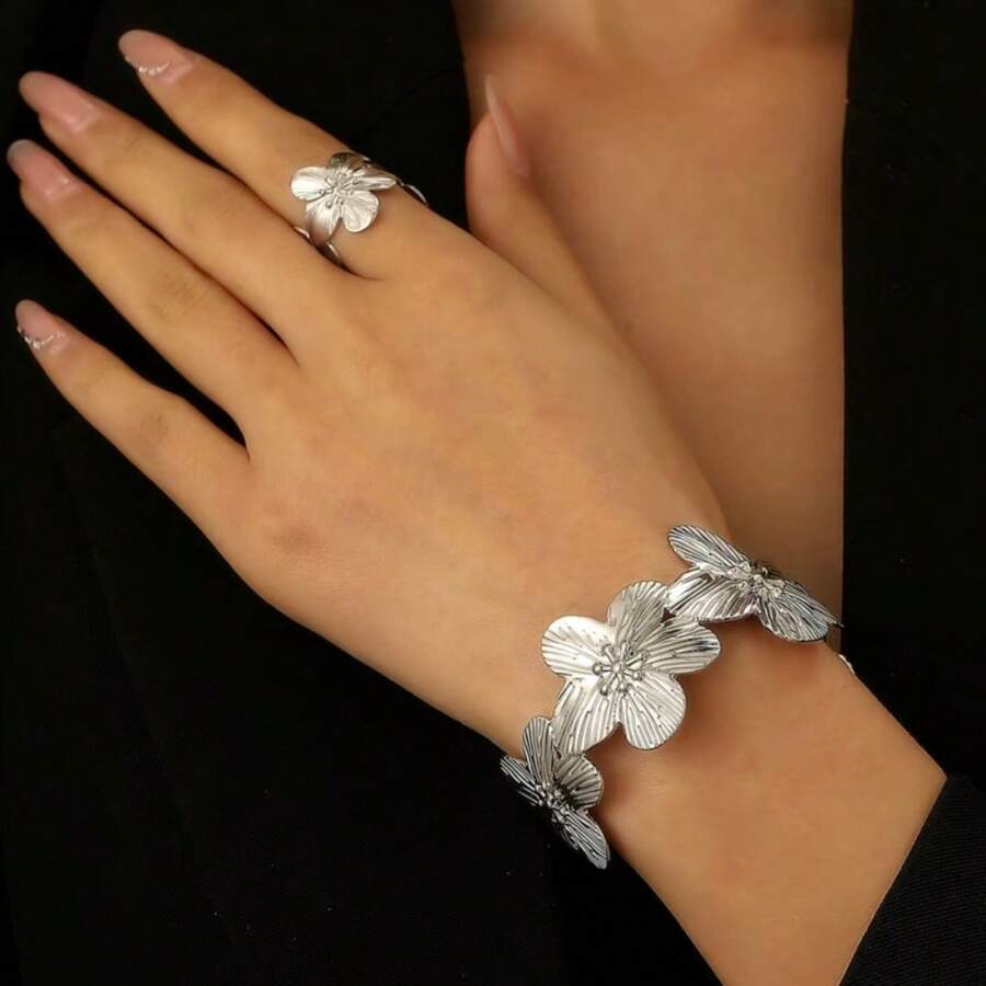 1 Set Ocean Vacation Aesthetic 3D Silver Flower Cuff Bracelet & Ring Boho Fashion Accessory For Daily, Party