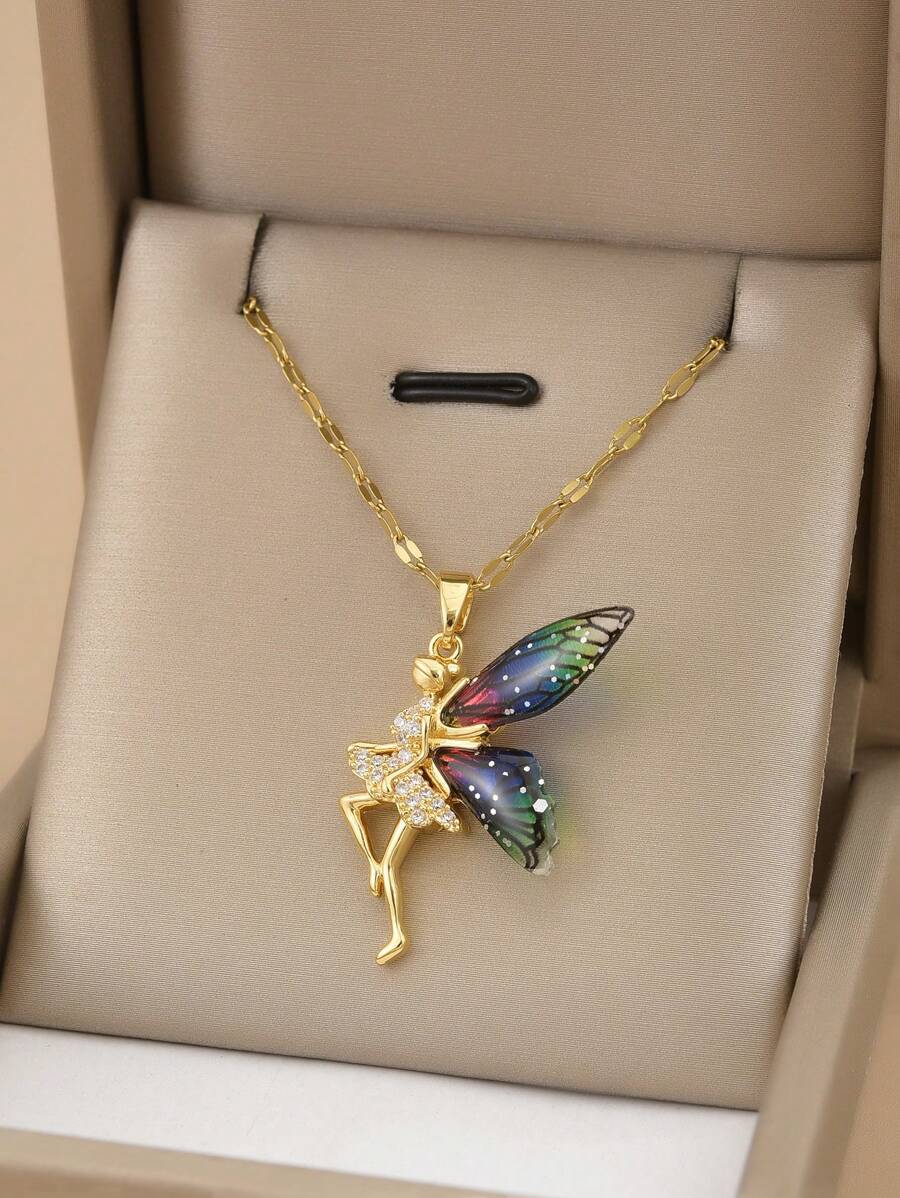 1pc Stainless Steel Fully Rhinestoned Angel Wings Luxury Necklace For Women