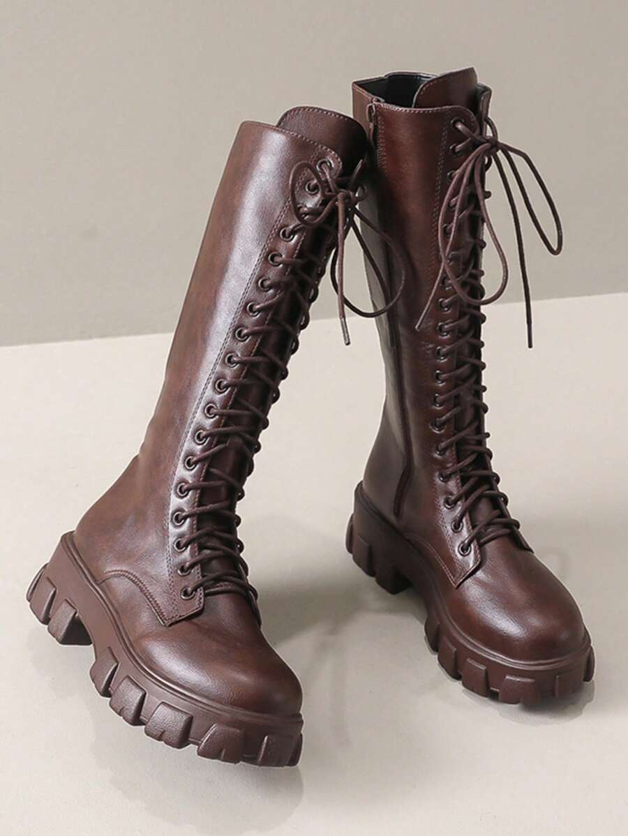 Women's Red Thigh High Boots, Wedge Heel, Thick Sole, Lace-Up, Leather Upper, Side Zipper, Tall Motorcycling Boots
