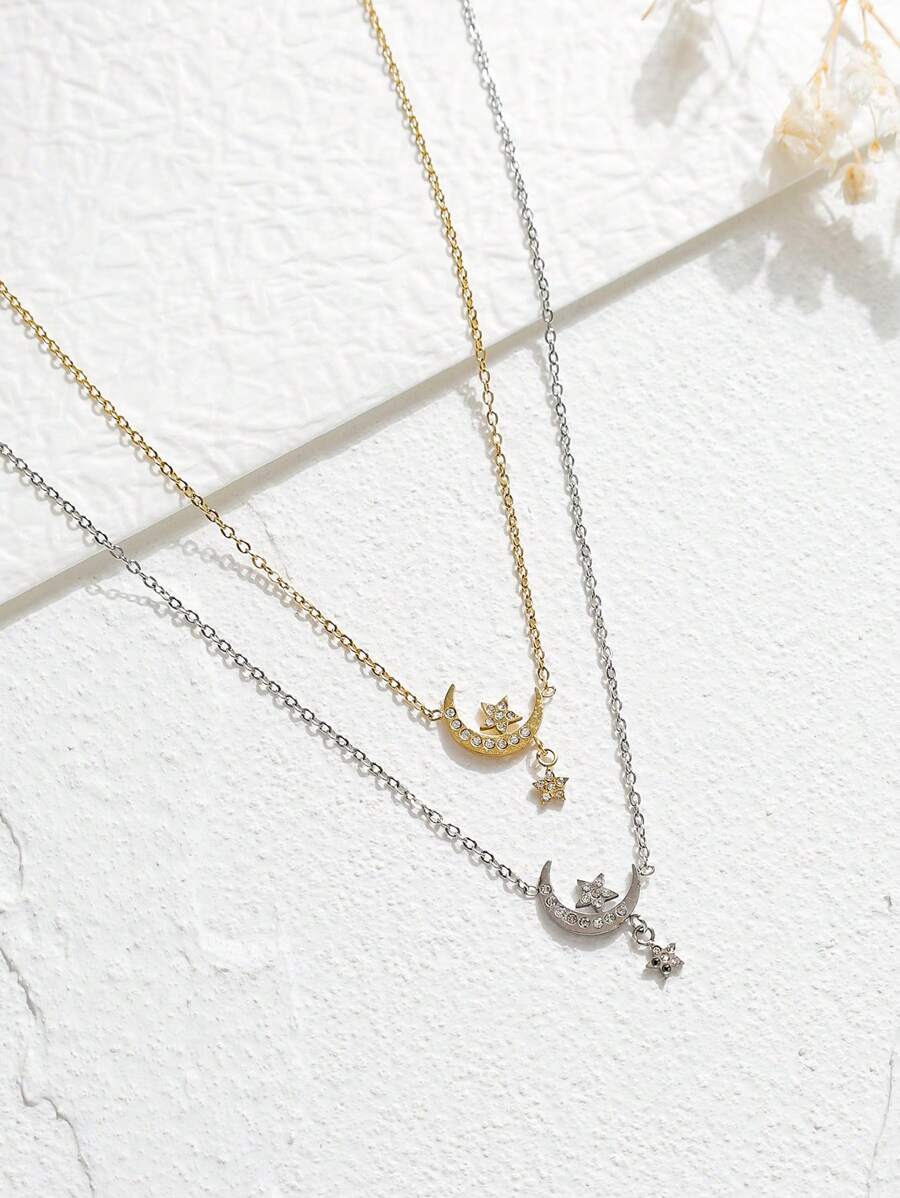 1pc Star & Moon Pendant Necklace With Rhinestones, Simple Stainless Steel Clavicle Chain Jewelry, Birthday, Holiday & Date Night Gift For Women, Suitable For Daily Wear