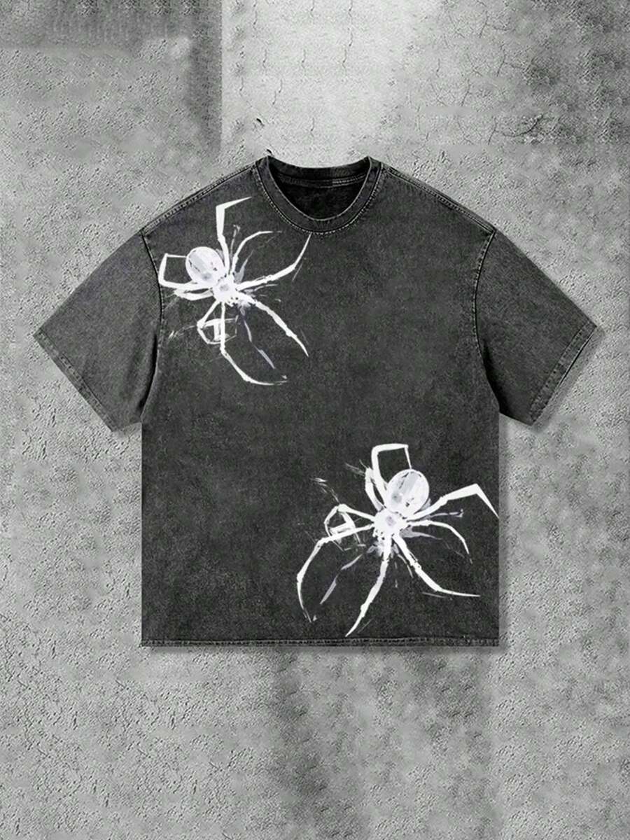 Y2K Spider Print T-Shirt (230g Pure Cotton Washed T-Shirt) 100% Pure Cotton Fabric-Men And Women Street Retro Loose Casual Hip-Hop Washed T-Shirt, Retro Casual All-Matching Fashion Summer Men's Daily Wear T-Shirt