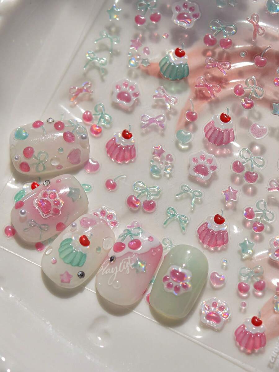 1 pieza Pegatinas para uñas estilo 5D gelatina, pegatinas de uñas con diseño de pudín de cereza lujoso y adorable, pegatinas de arte de uñas autoadhesivas, diseño de uñas DIY, decoraciones de arte de uñas