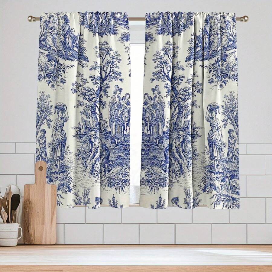 2pcs Blue Toile De Jouy Style Blackout Curtains - Elegant Floral Design, Grommet Top, Thermal Insulating & Light Blocking For Living Room And Bedroom Decor, Polyester Material, Wrinkle-Resistant, Curtains For Living Room