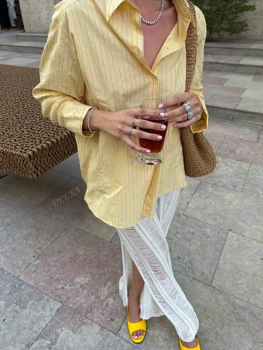 Nouvelle arrivée DEEKA, Chemise ample rayée jaune de style mode casual pour femmes influentes en été