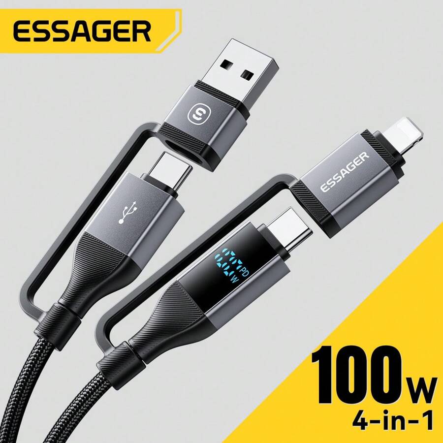 ESSAGER 4 In 1 Fast Charging Cable USB Type C To Type C 480Mbps For Phone Digital Display Aluminum Alloy Braided Cable Compatible With IPhone, Android, Camera, MP3 Universal Adapter Charger