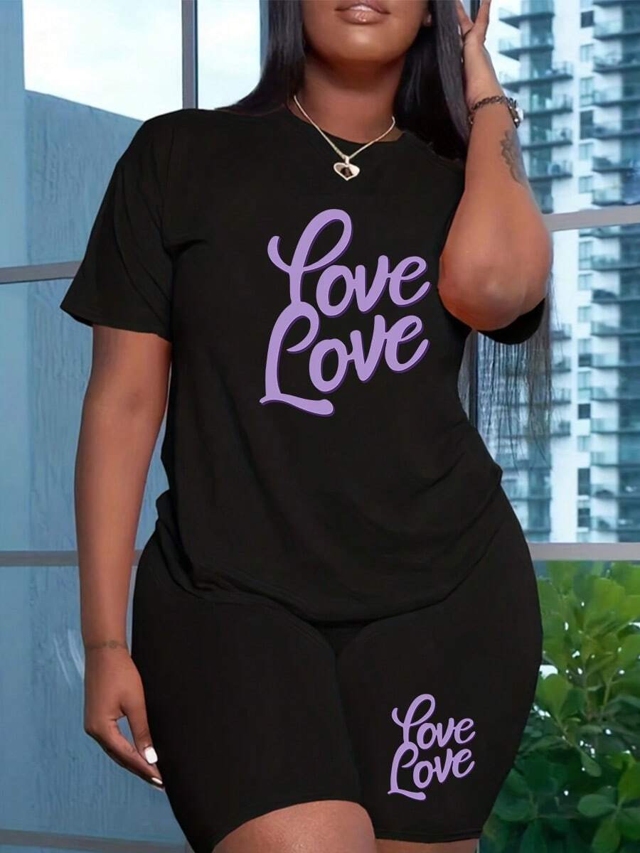 " Purple LOVE " Printed Women's Cozy Polyester T-Shirt And Shorts Set – Plus Size Clothing Comfortable, Lightweight Outfit For Casual Summer Days