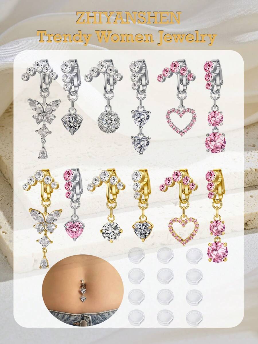 2Pcs Fake Belly Button Piercing For Women Dangle Butterfly Heart Clip On Belly Button Rings Silver Gold Pink Fake Belly Button Rings Non Piercing Belly Rings Stainless Steel Faux Navel Jewelry