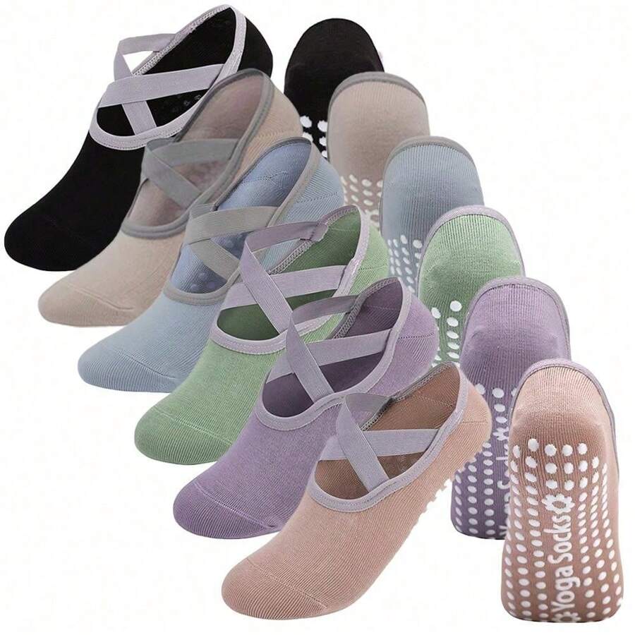 6 Pairs Of Yoga Socks, Women's Short Tube Boat Socks, Silicone Anti Slip Dance, Indoor Pilates, Floor Fitness Socks