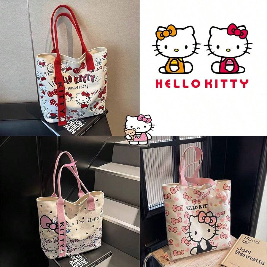 Sanrio Hello Kitty Cartoon Cute Canvas Bag, Portable Large Capacity Student Carrying Shoulder Bag, Cute Commuting Tote Bag, Suitable For Work, Travel, School, Daily Use