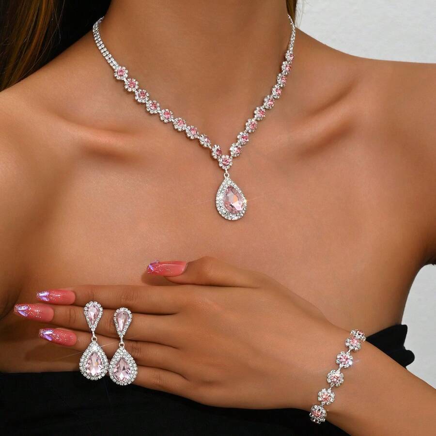 Peach Quartz Bridal Jewelry Set - Necklace, Earrings And Bracelet, Designed For Wedding/Party