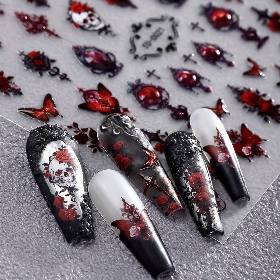 Set de 5 pegatinas de uñas 3D y 5D con rosas negras, pegatinas de uñas de rosas burdeos semitraslúcidas vintage, pegatinas de uñas DIY, pegatinas de uñas con rosas 5D con relieve suave de estilo gótico