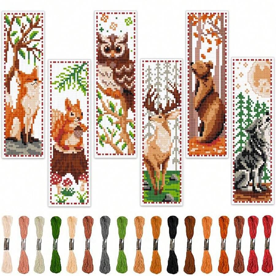 6 Stücke Wald Tiere Thema Kreuzstich Lesezeichen DIY Handwerksset - Beinhaltet Fuchs, Eichhörnchen, Eule, Wolf, Braunbär Kreuzstich Muster - Enthält 6 bedruckte Kreuzstich Stoffe, reichlich Stickgarn, Nähwerkzeuge (Zufallsfarbe) und englische Anleitung - Geeignet für Näh-Bastler und Anfänger - Kann als Heimdekoration oder Lesezeichen verwendet werden
