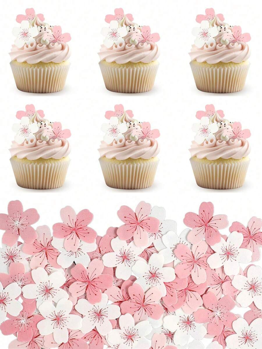 60pcs-Edible Cherry Blossoms Cupcake Toppers Edible Cherry Blossoms Flowers Cake Decorations Wafer Paper Flowers Cupcake Topper For BabyShower Wedding Birthday Party Decorations Supplies Colorful,Spring Theme Party