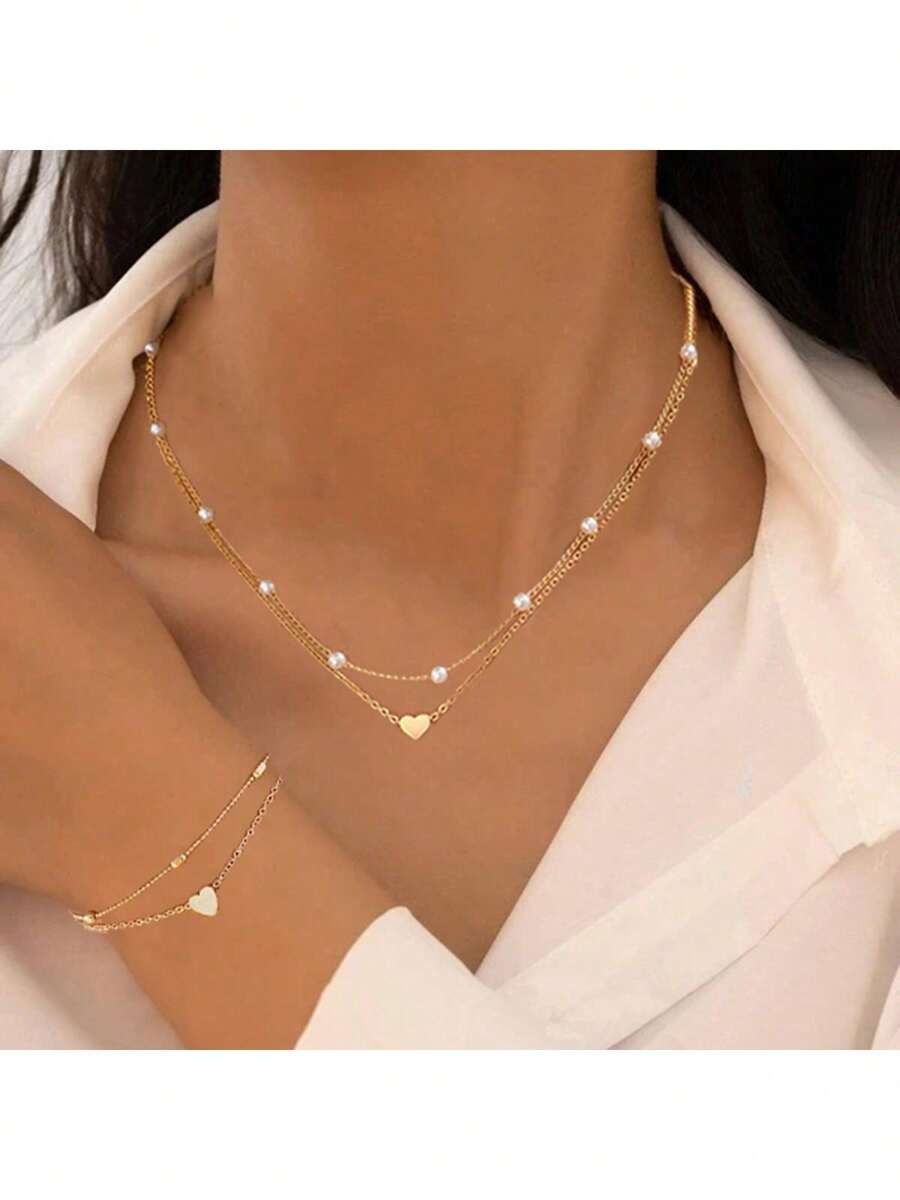 Conjunto de 2 peças minimalista com contas de coração, colar e pulseira de pérolas artificiais, conjunto de joias, presente para mulheres para encontros/férias