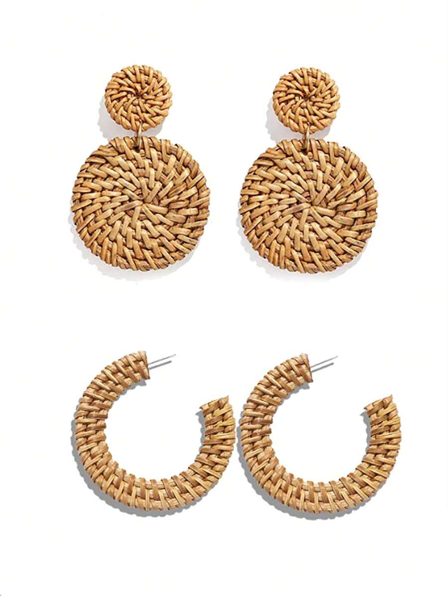 Boucles d'oreilles en rotin de style bohème, boucles d'oreilles en rotin géométriques creuses pour femmes, boucles d'oreilles créoles de plage, boucles d'oreilles légères de forme géométrique à franges de style bohème, boucles d'oreilles pendantes tressées en paille et rotin pour femmes, cadeaux de boucles d'oreilles mode pour vacances