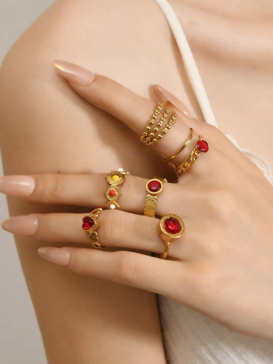 6pcs Vintage Stainless Steel Gold Tone Rings With Red Gem, Beaded Design, Open Style, Suitable For Women's Daily Wear, Gift For Holiday, Engagement, Wedding