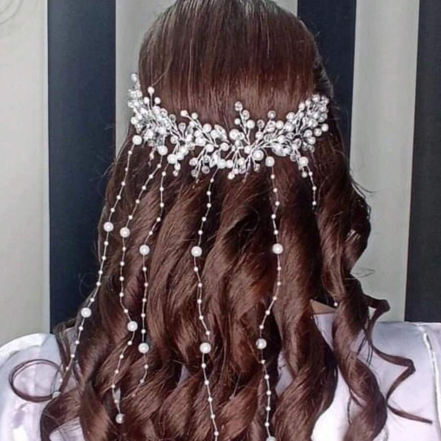 1pc Elegant Silver Pearl Crystal Tassel Headband, Handmade Shiny Bridal Headdress Accessories Suitable For Wedding, Party, All Seasons