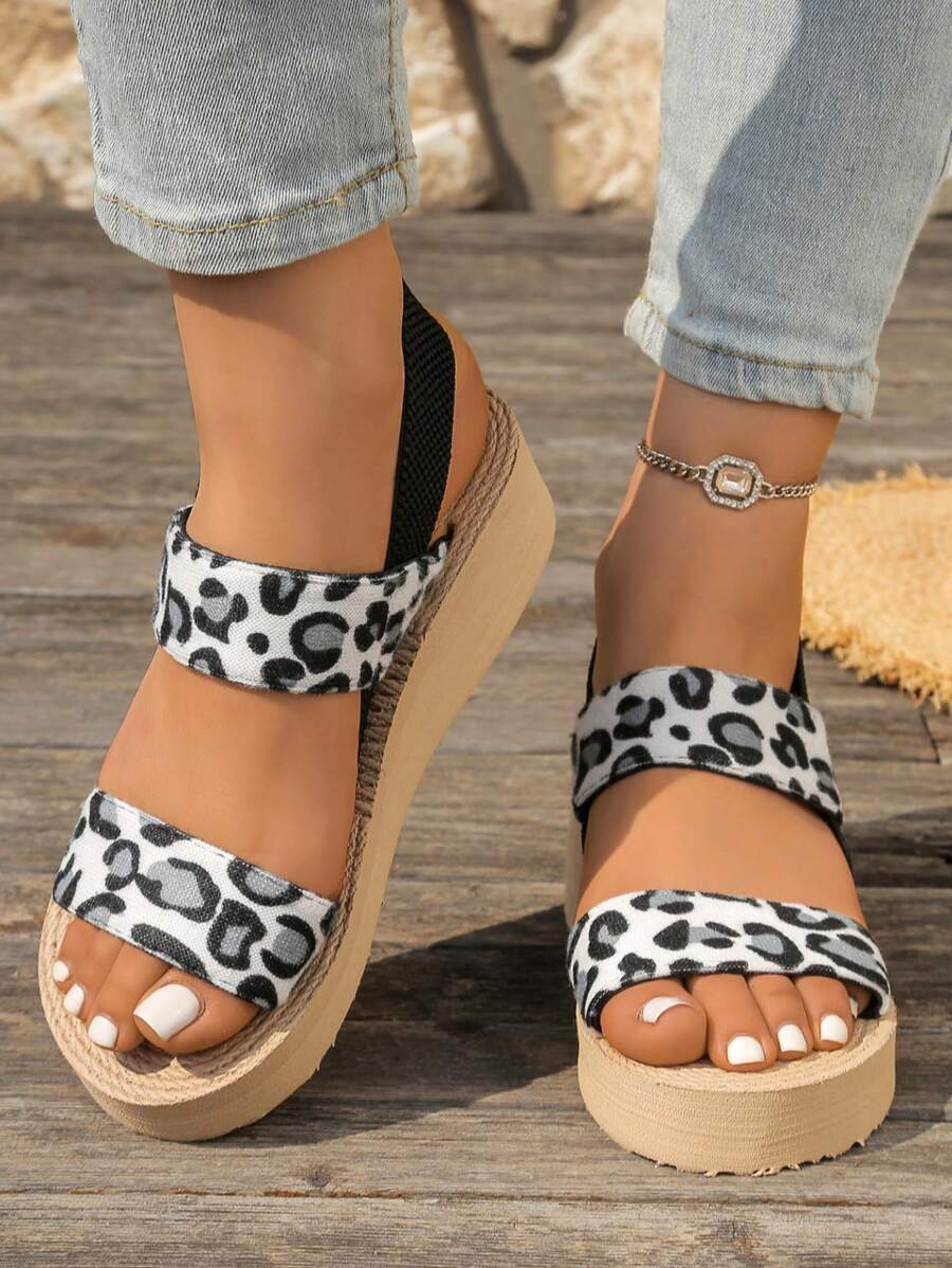 Plus Size 2025 Summer New Wish Fashion Cross-Border Chunky Heel Buckle Sandals, Leopard Print Platform Slide Sandals