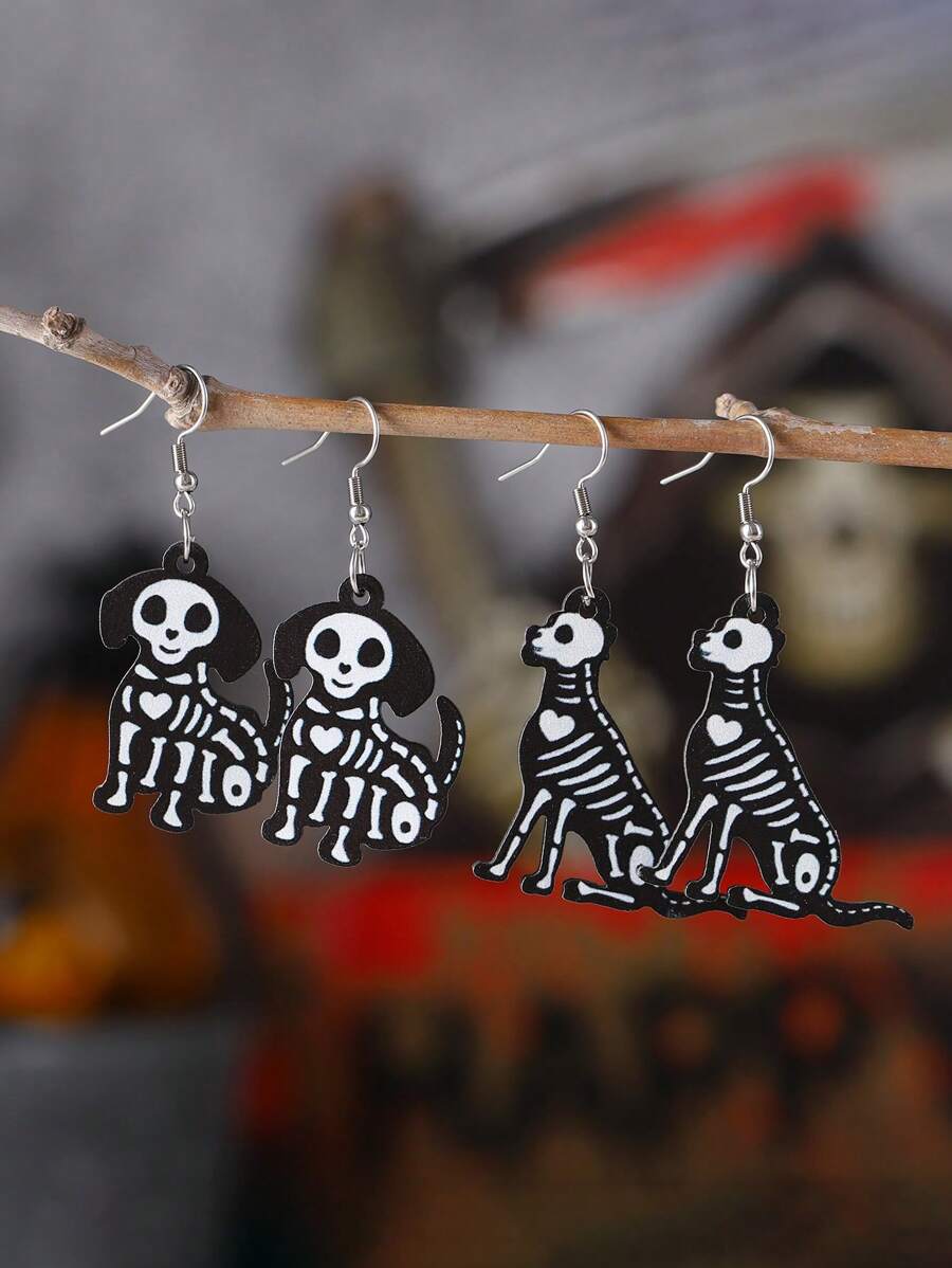 1 Pair Gothic Style Skull, Flamingo, Dog, Cat Pendant Earrings For Women, Vintage Wooden Double-Sided Earrings, Halloween Party Gift