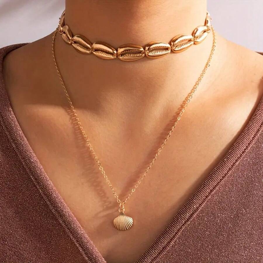 1 Stück personalisierte Legierung Muschel & Kamm Anhänger Halskette, einfache & modische zweischichtige Schlüsselbein Kette für Frauen