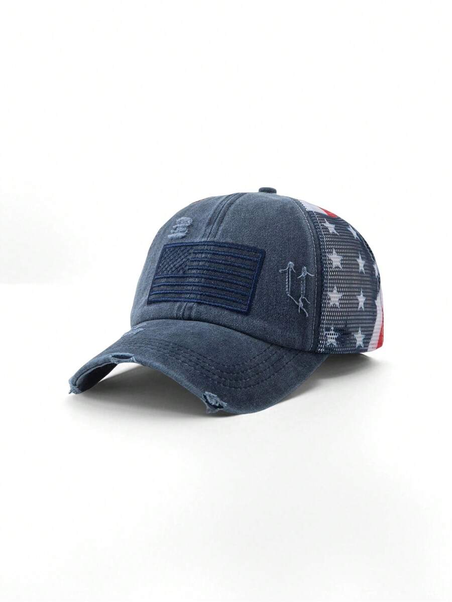 1PC Adjustable Men's Breathable Mesh Trucker Hat With American Flag, Women's Baseball Cap With Ponytail Hole, Distressed Black Mesh Embroidery Baseball Cap, Suitable For Outdoor Sports, Golf, Fishing And Casual Wear|Baseball Cap. Trucker Hat For Women