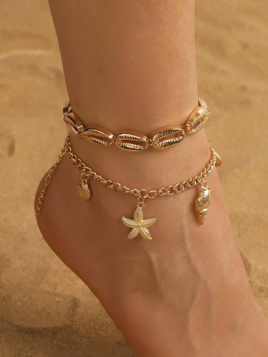 2pcs/Set Fashionable Ocean Themed Metal Starfish, Seashell, Seashell Decor Anklets, Suitable For Women Everyday Wear Or Beach Vacation