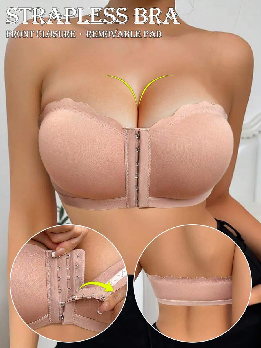 Sexy Comfort Push-Up Bandeau Bra Strapless For Women Front Closure Wireless Underwear Tube Top Wavy Edge No Show Bralette Bandeau Adjustable Scallop Trim Lingerie Breathable Everyday Lingerie & Underwear For Women