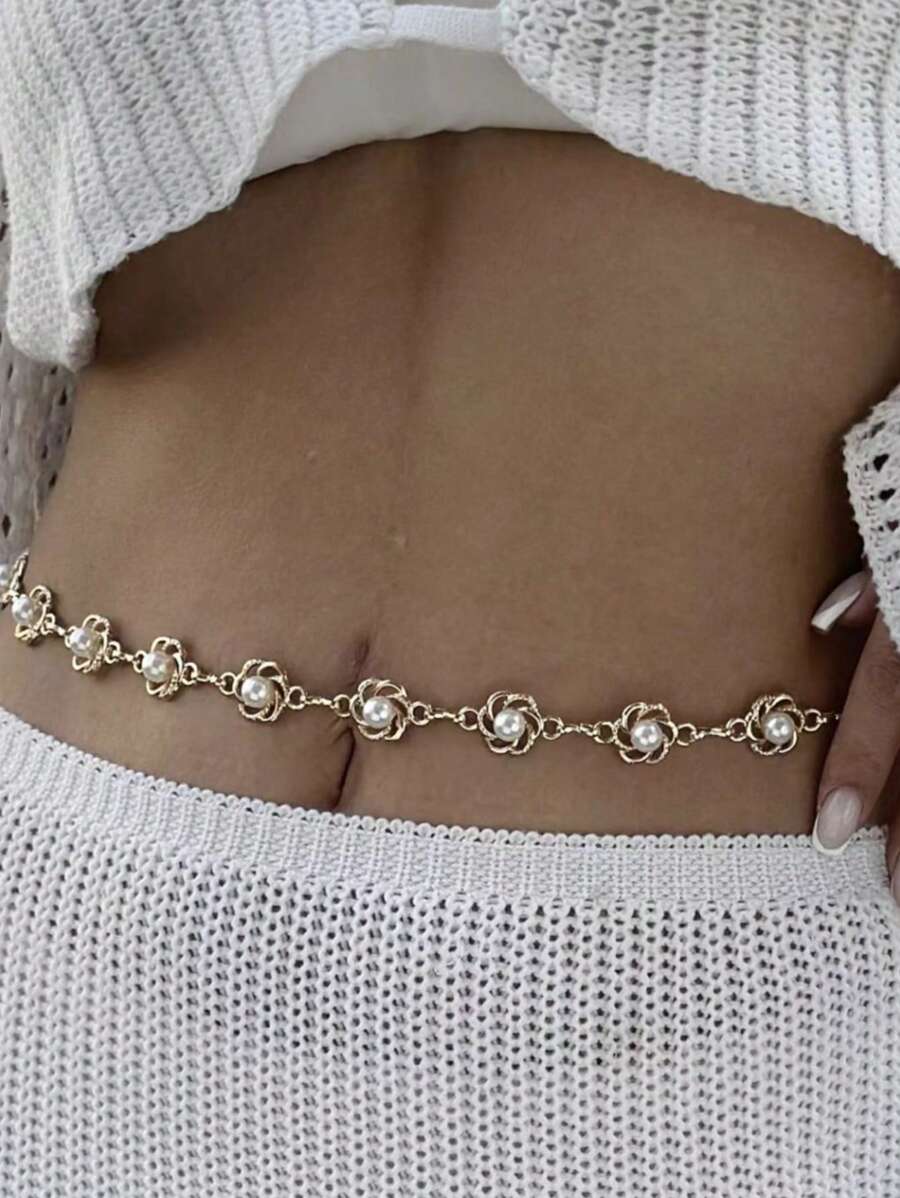 1 pieza Elegante y versátil cadena de cintura con flores de perlas falsas, diseño hueco retro, adecuado para todas las ocasiones, vacaciones en la playa, fiestas y uso diario, regalo perfecto (cantidad aleatoria de perlas falsas)